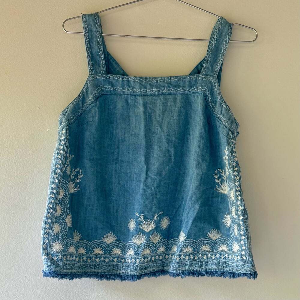 Anthropologie Sleeveless Embroidered Denim Tank Top with Fringe Hem
